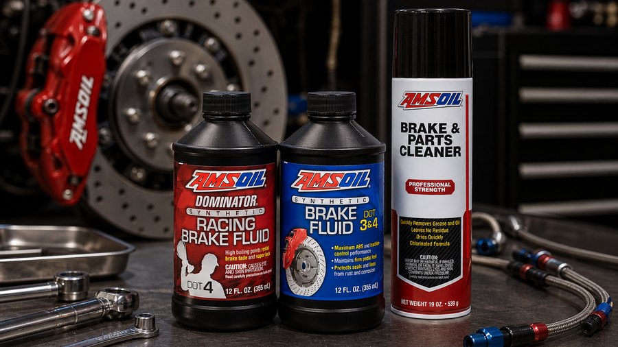 AMSOIL racing brake fluid, synthetic brake fluid, and brake cleaner by a performance brake assembly