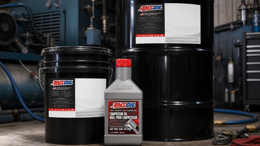 AMSOIL compressor oil bottle, pail, and drum in an industrial compressor shop