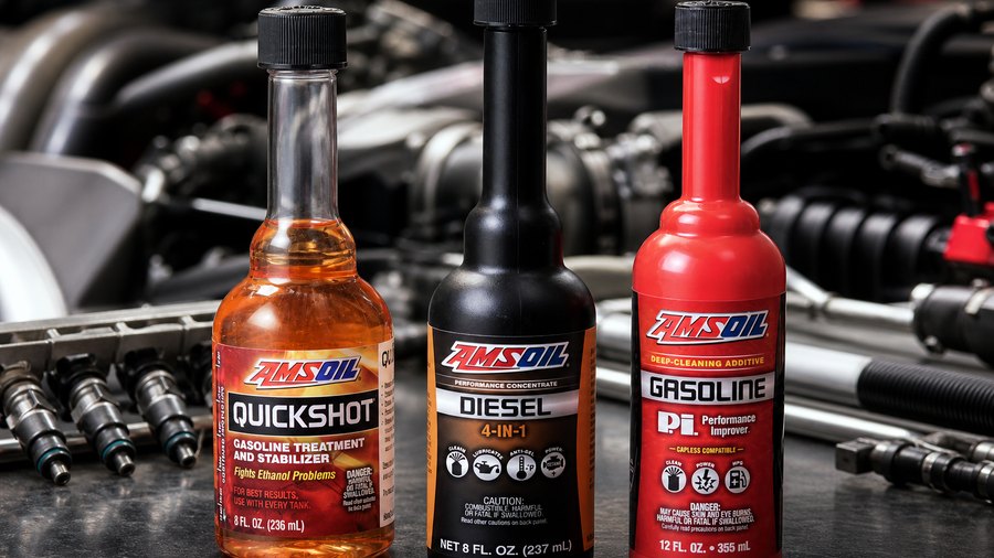AMSOIL Quickshot, Diesel 4-IN-1, and P.i. fuel additives in a performance engine bay