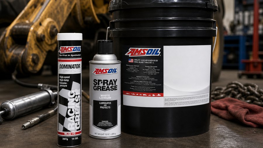 AMSOIL grease cartridge, aerosol can, and pail in an equipment maintenance shop