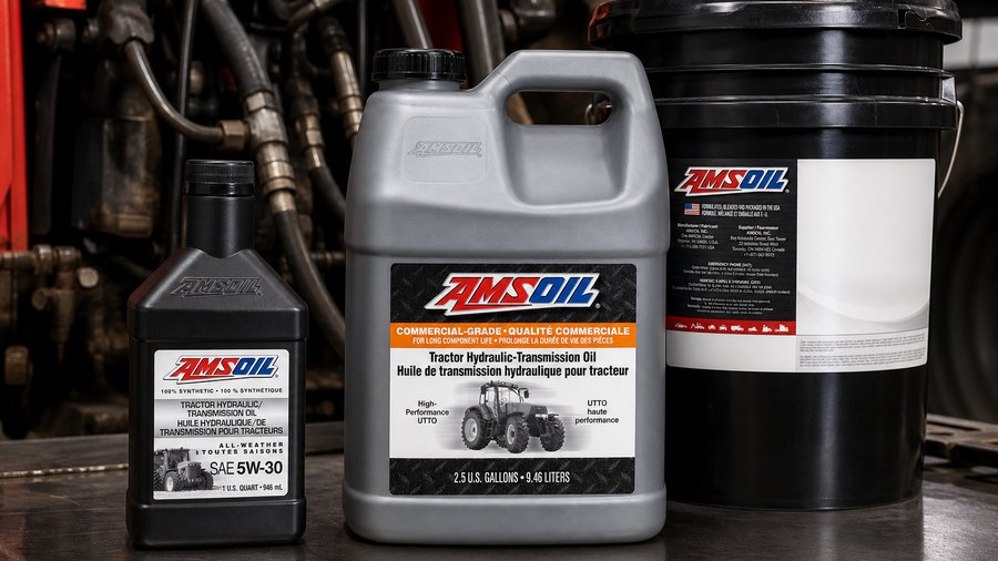 AMSOIL hydraulic oil bottle, jug, and pail beside heavy-equipment hydraulics