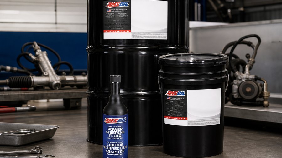 AMSOIL power steering fluid bottle, pail, and drum in an automotive steering service bay