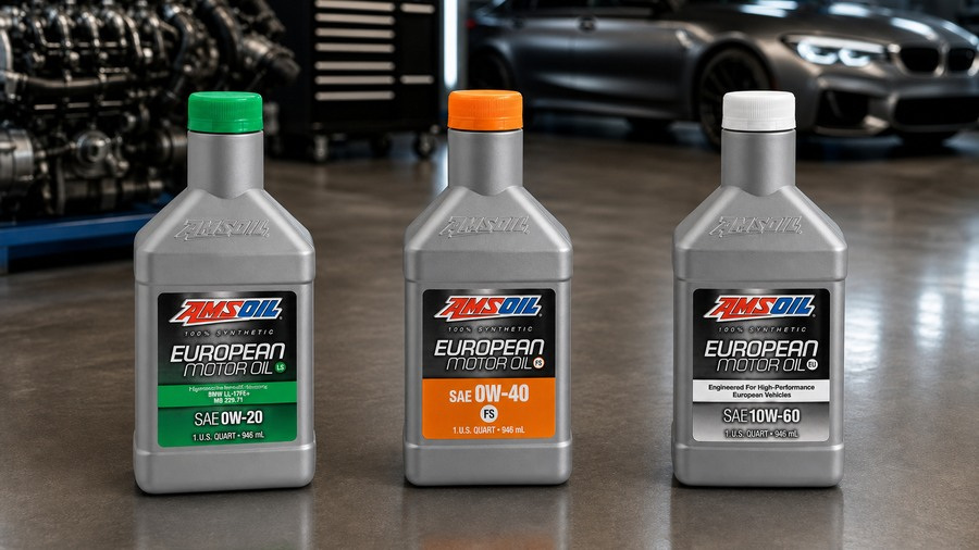 AMSOIL LS, FS, and 10W-60 European motor oil bottles in a European performance-car workshop