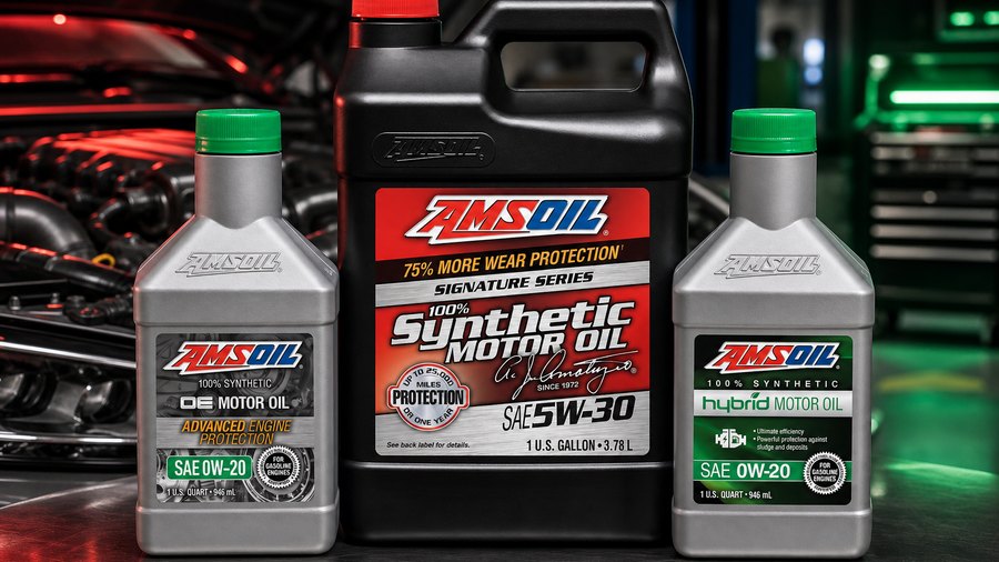 AMSOIL Signature Series, OE, and Hybrid gasoline motor oils in a modern engine service bay