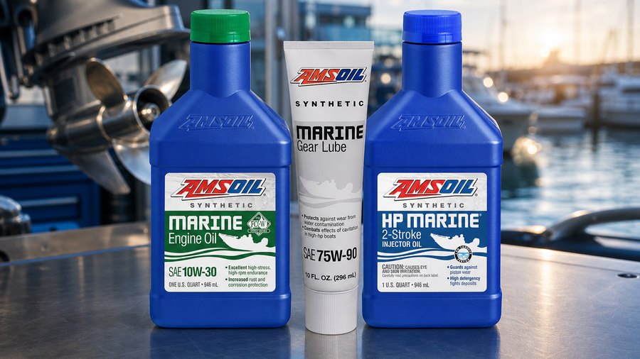 AMSOIL Marine Engine Oil, HP Marine 2-Stroke Oil, and Marine Gear Lube in a marina workshop
