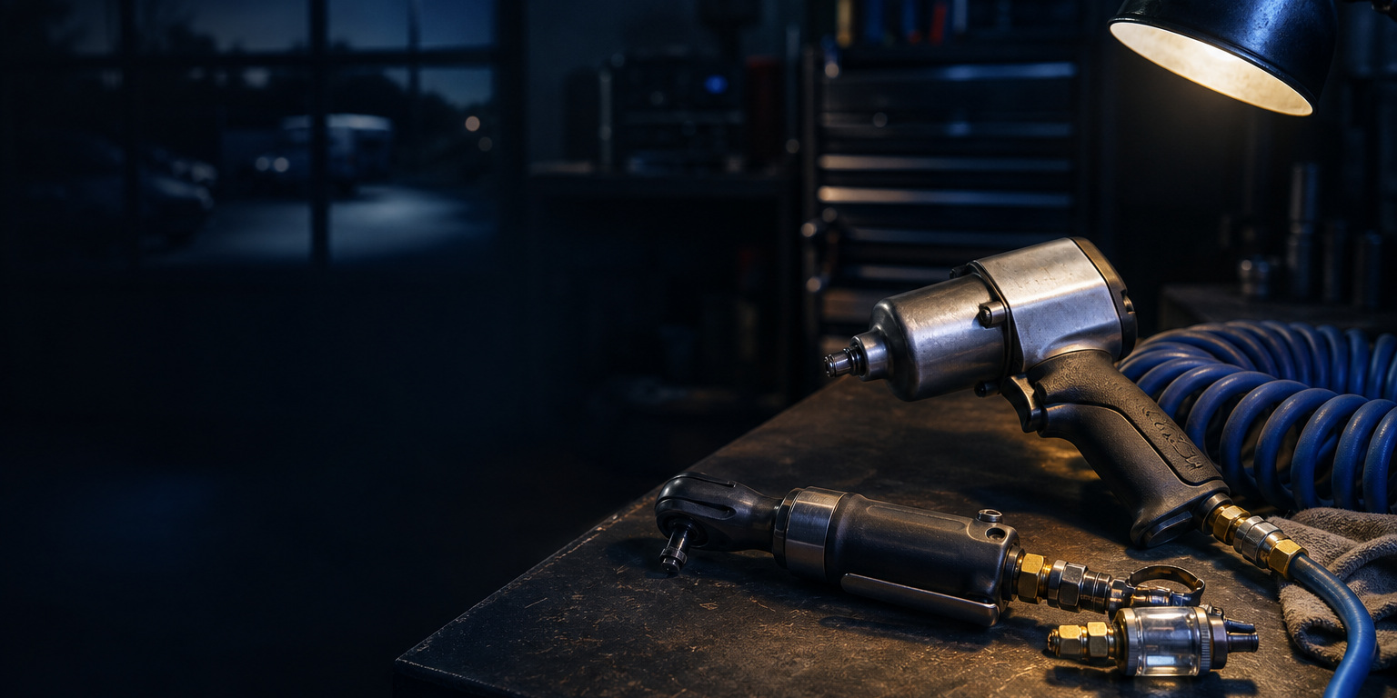 Pneumatic impact wrench and air ratchet with a coiled air hose on a workshop bench at night, common AMSOIL air tool oil applications