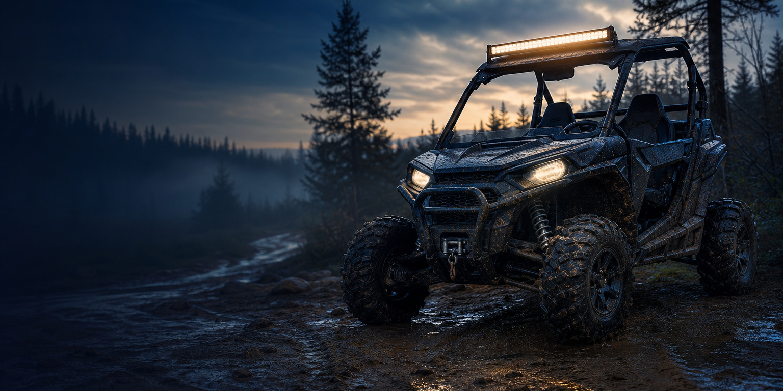 Mud-splattered side-by-side UTV with a lit light bar on a wet forest trail at dusk, a common AMSOIL ATV and UTV oil application