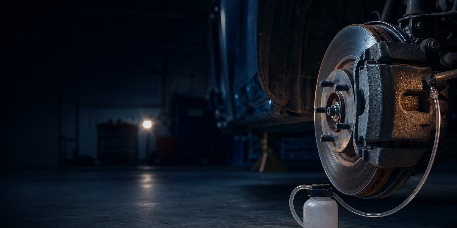 Brake rotor and caliper with a bleeder hose running to a bleed bottle on the shop floor, a typical AMSOIL brake fluid service