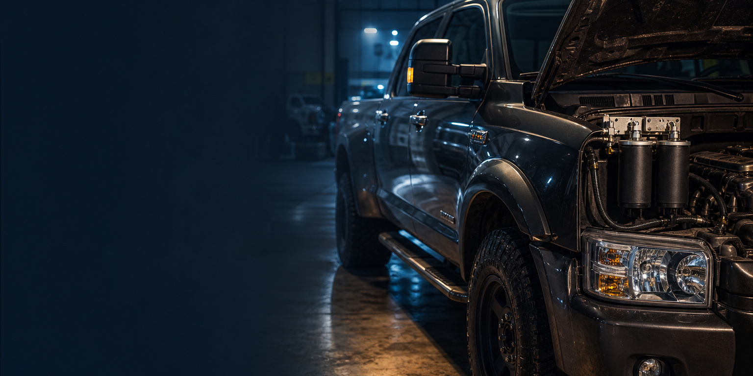 Twin bypass oil filter canisters mounted beside the raised hood of a diesel pickup in a dark shop, an AMSOIL bypass oil system installation