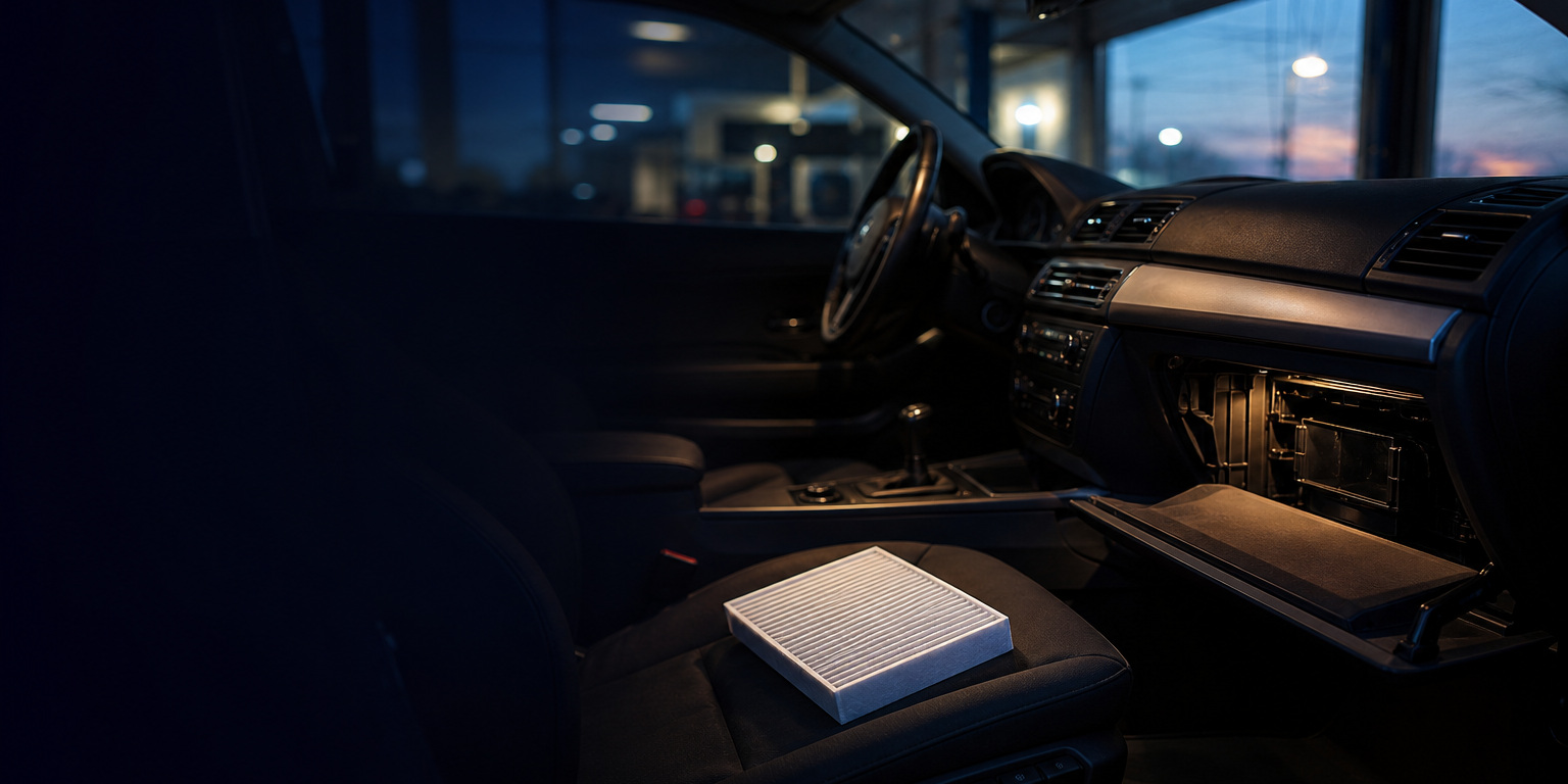 White pleated cabin air filter on a passenger seat beside an open glovebox at dusk, a simple AMSOIL cabin air filter replacement