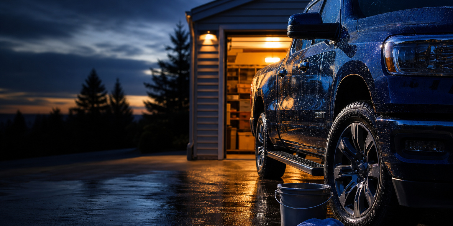 Freshly washed pickup dripping on a driveway at dusk with a wash bucket and microfiber towel, a job for AMSOIL cleaners and protectants