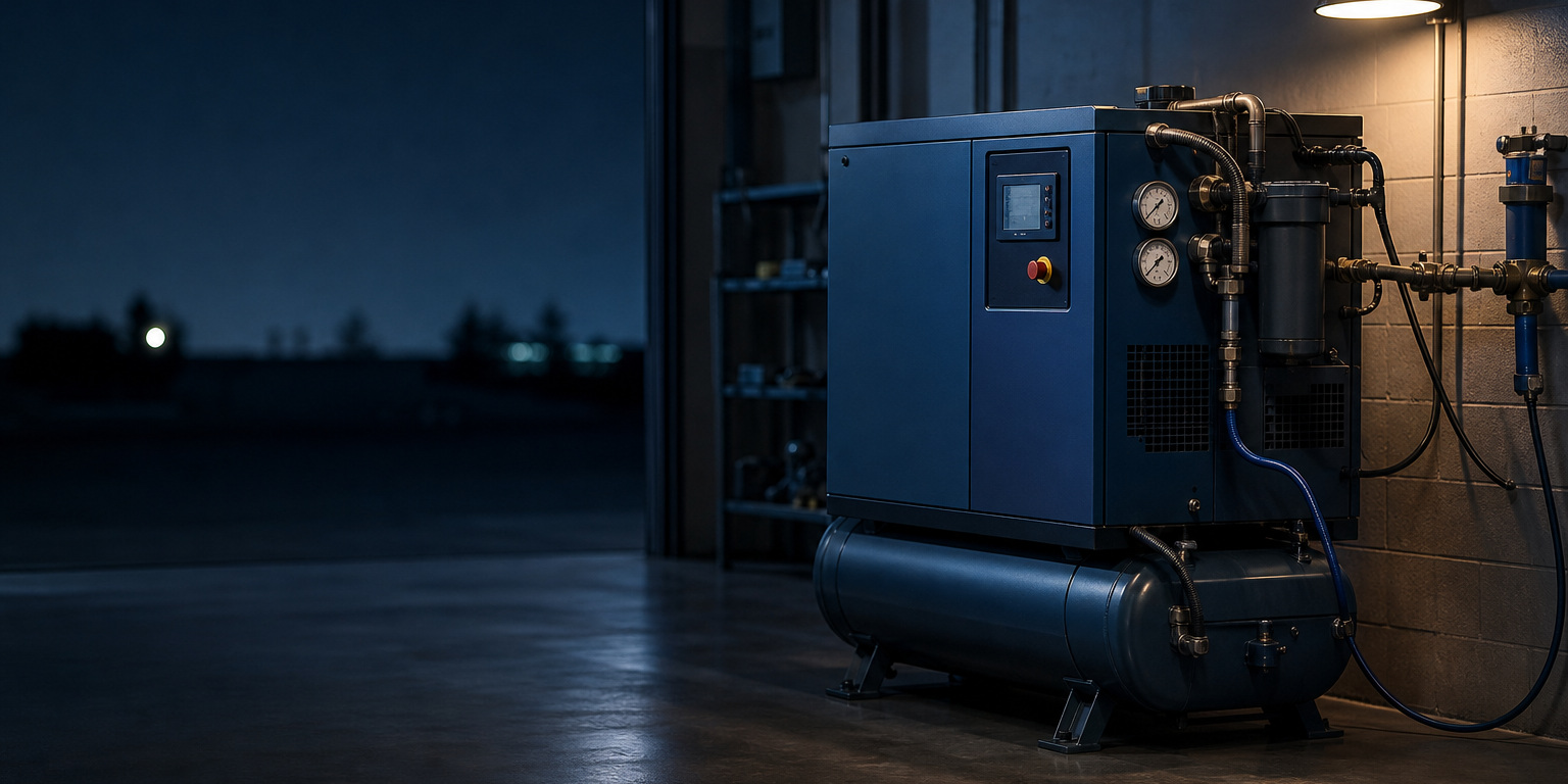 Industrial rotary screw air compressor plumbed to shop piping under a wall lamp, a common AMSOIL compressor oil application