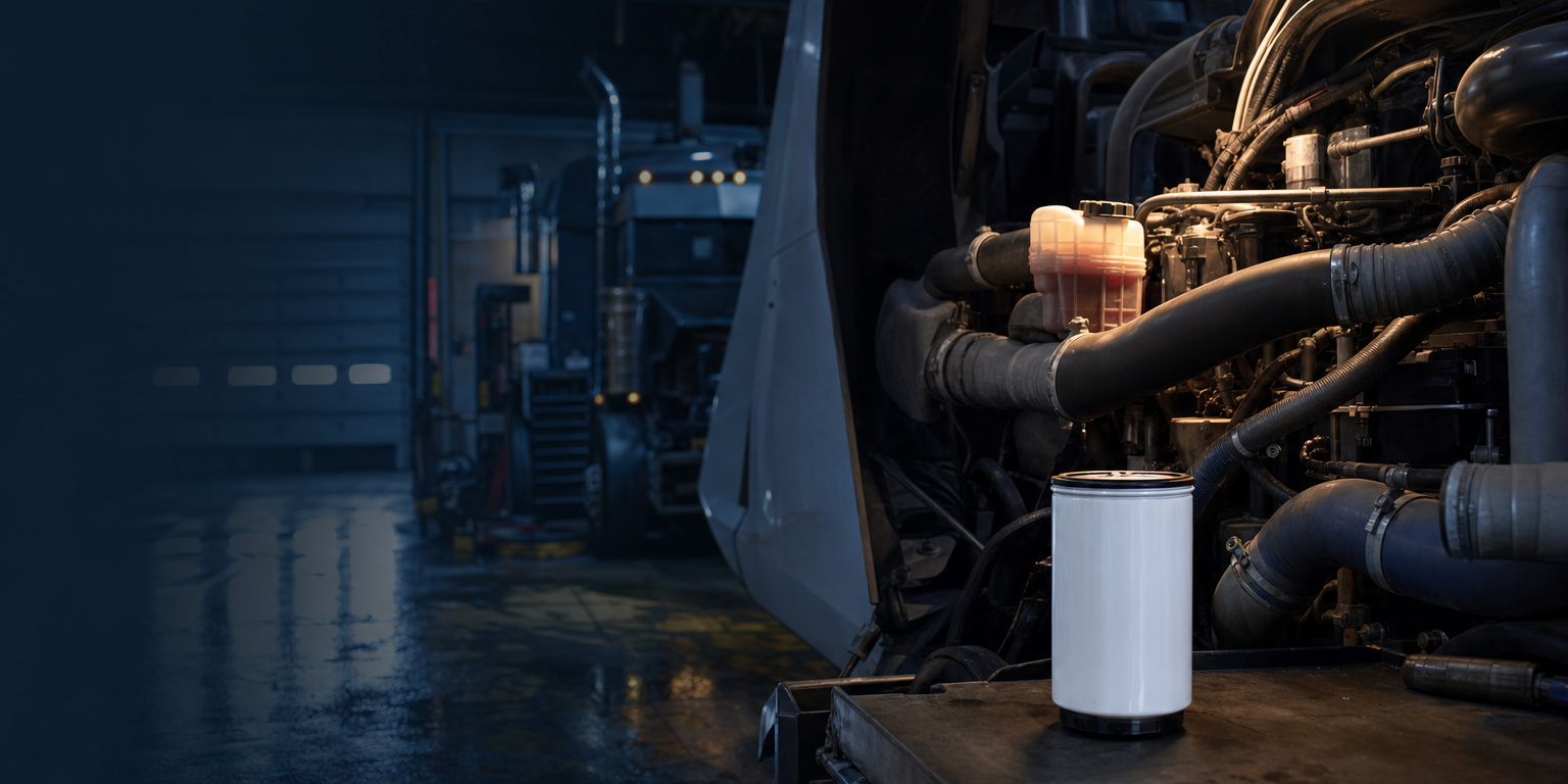 White spin-on coolant filter standing beside a semi truck engine with its hood tilted open, a heavy-duty AMSOIL coolant filter application