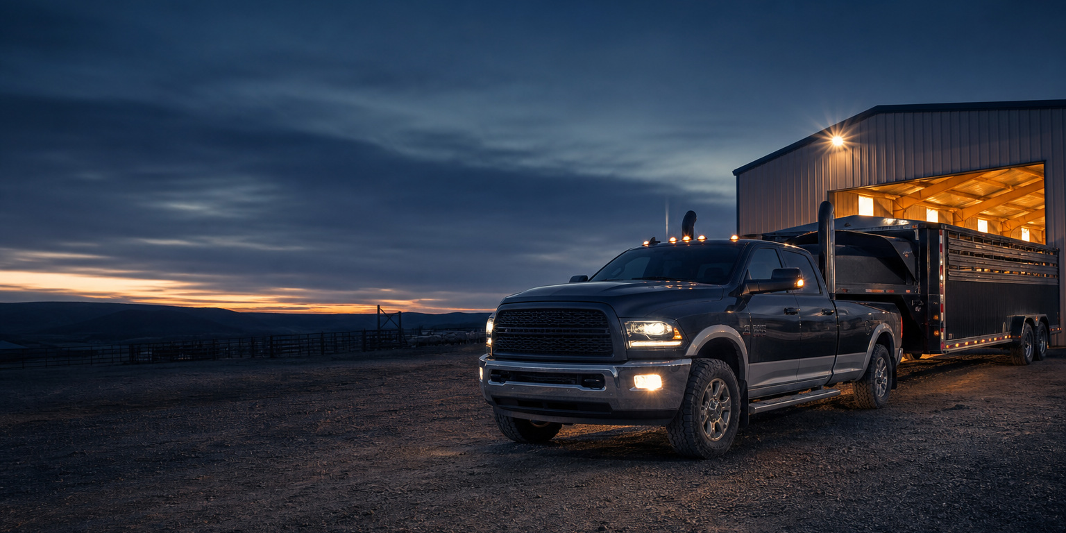 Heavy-duty diesel pickup towing a livestock trailer outside a lit barn at dusk, a common AMSOIL diesel motor oil application