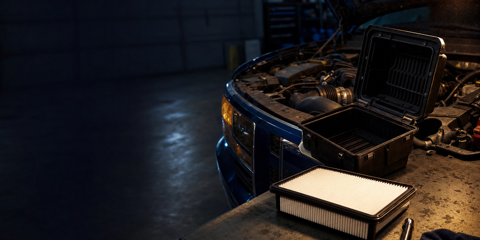 Fresh pleated engine air filter on a work table beside a truck with its hood and airbox open, a routine AMSOIL air filter replacement