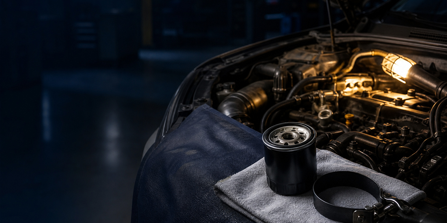 New spin-on oil filter and a filter wrench on a fender towel beside an open engine bay, a routine AMSOIL oil filter change