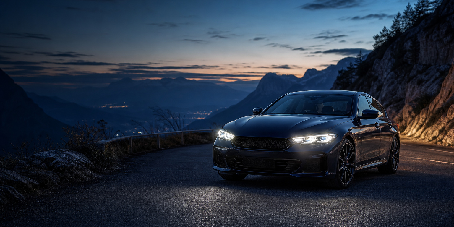 European sport sedan with lit headlights parked on an alpine mountain road at dusk, a common AMSOIL European motor oil application