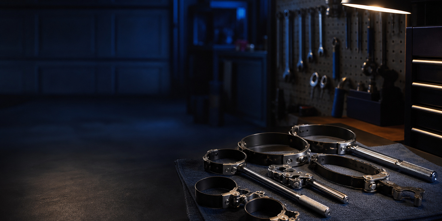 Band-style oil filter wrenches in several sizes laid out on a shop towel under a workbench lamp, the tool style of AMSOIL filter wrenches