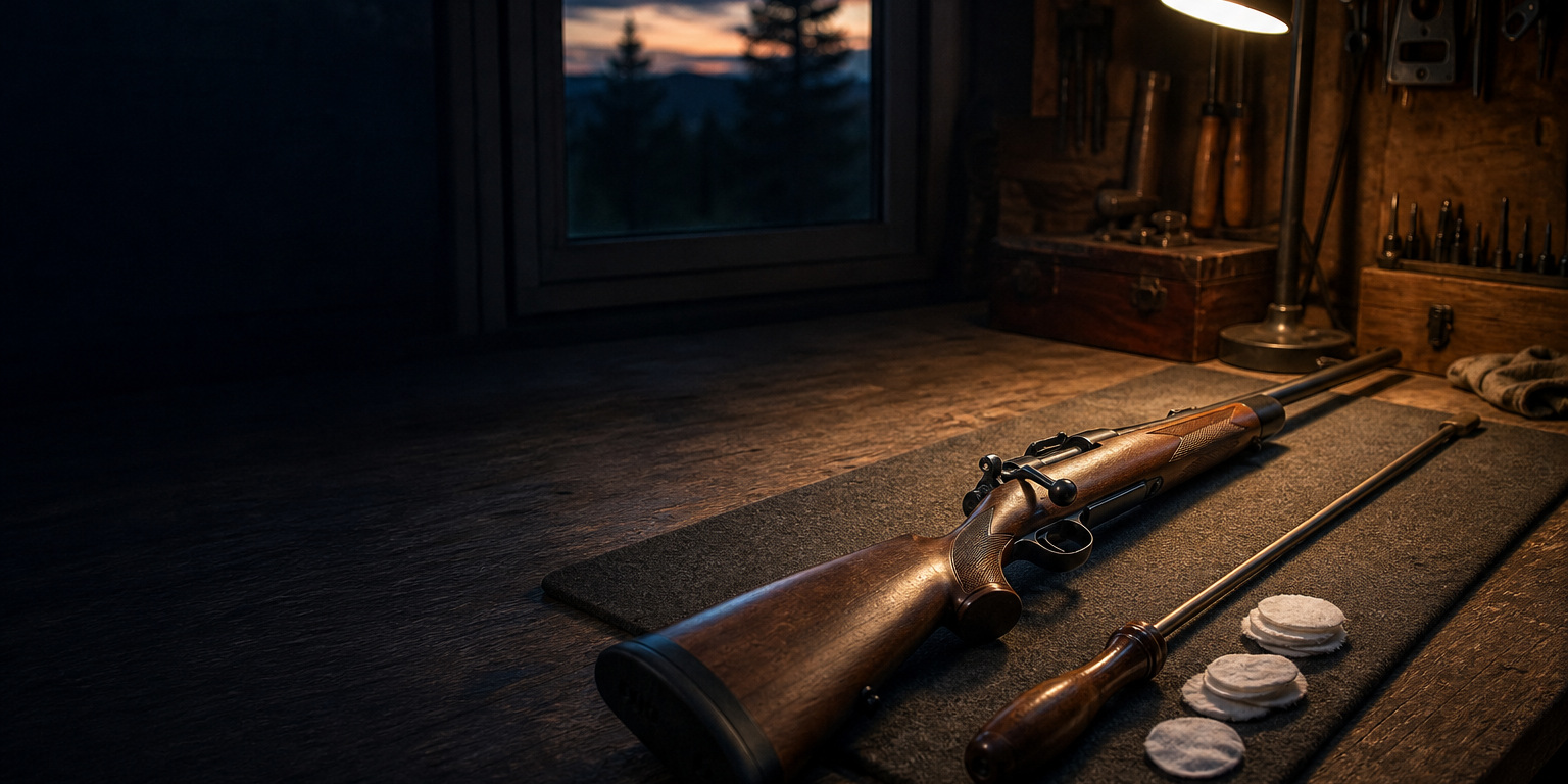 Bolt-action rifle on a cleaning mat with a cleaning rod and patches on a rustic workbench, a typical AMSOIL firearm care session