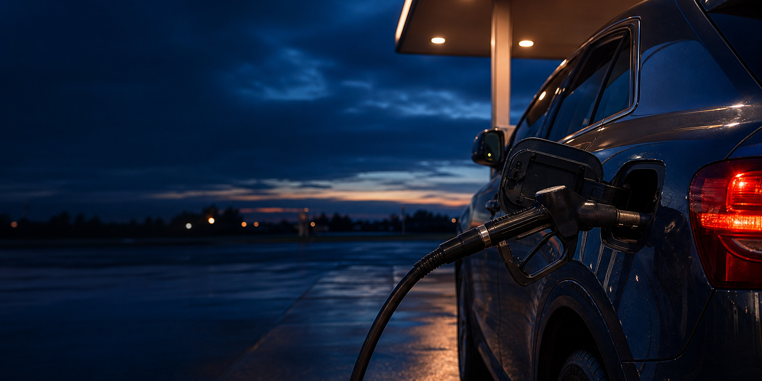 SUV at a gas station at dusk with the fuel nozzle in its open filler door, the fill-up moment for AMSOIL fuel additives