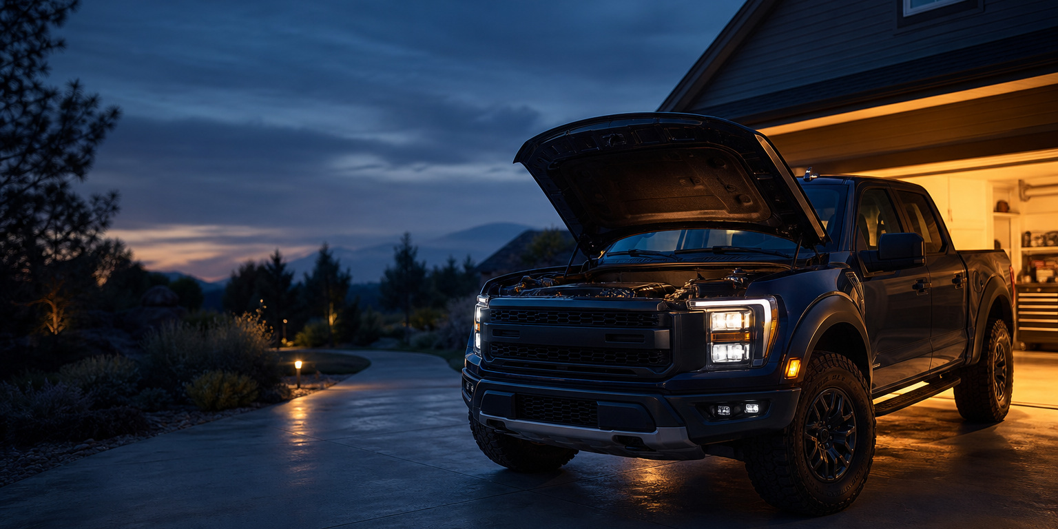 Dark blue pickup with its hood raised in a driveway at dusk outside a lit home garage, a common AMSOIL gasoline motor oil application