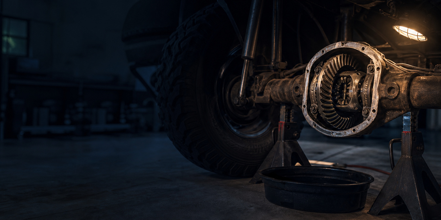 Truck rear axle on jack stands with the differential cover removed and a drain pan below, a typical AMSOIL gear lubricant service