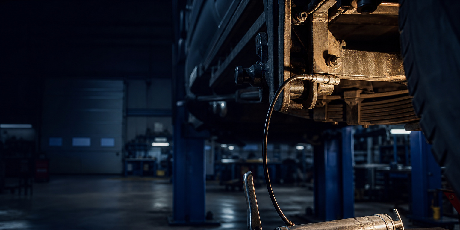 Grease gun connected to a chassis fitting on a truck raised on a lift, a routine AMSOIL grease job