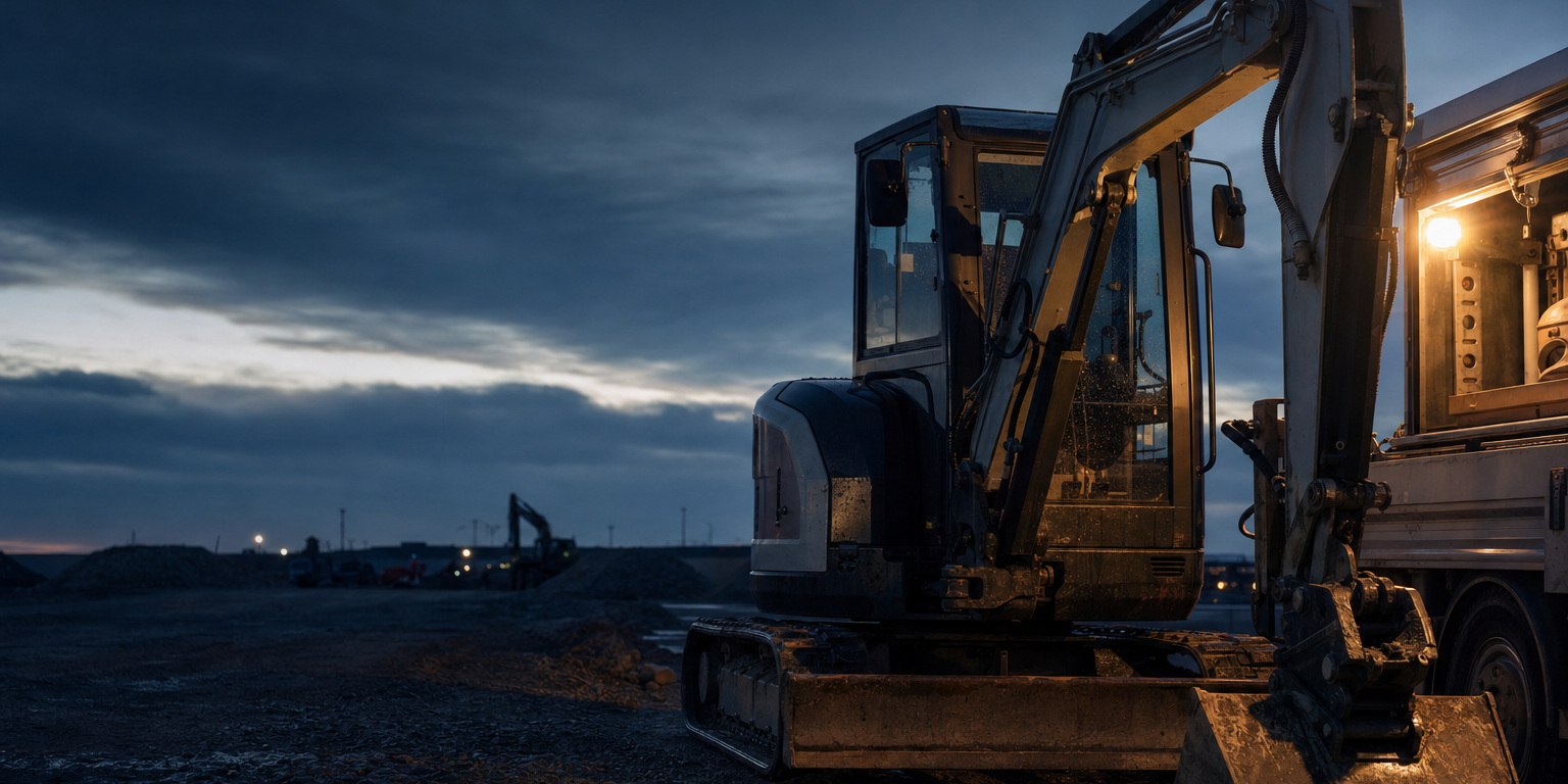 Compact excavator parked beside a lit field service truck on a job site at dusk, equipment served by AMSOIL hydraulic filters