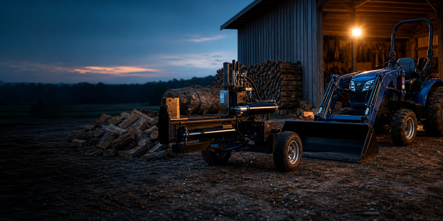 Hydraulic log splitter and a compact tractor with front loader outside a lit pole barn at dusk, common AMSOIL hydraulic oil equipment