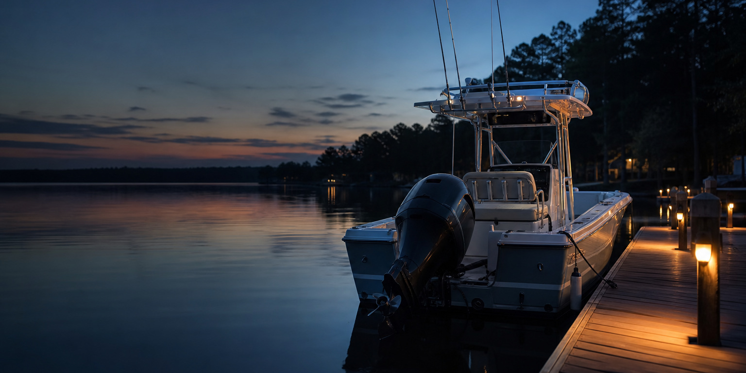 Center console fishing boat with an outboard motor tied to a lantern-lit dock at dusk, a common AMSOIL marine oil application