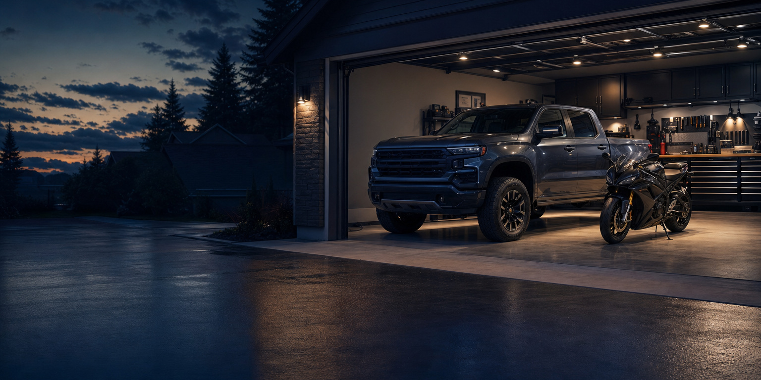 Pickup truck and sport motorcycle parked in a lit home garage at dusk, everyday vehicles that run on AMSOIL motor oil