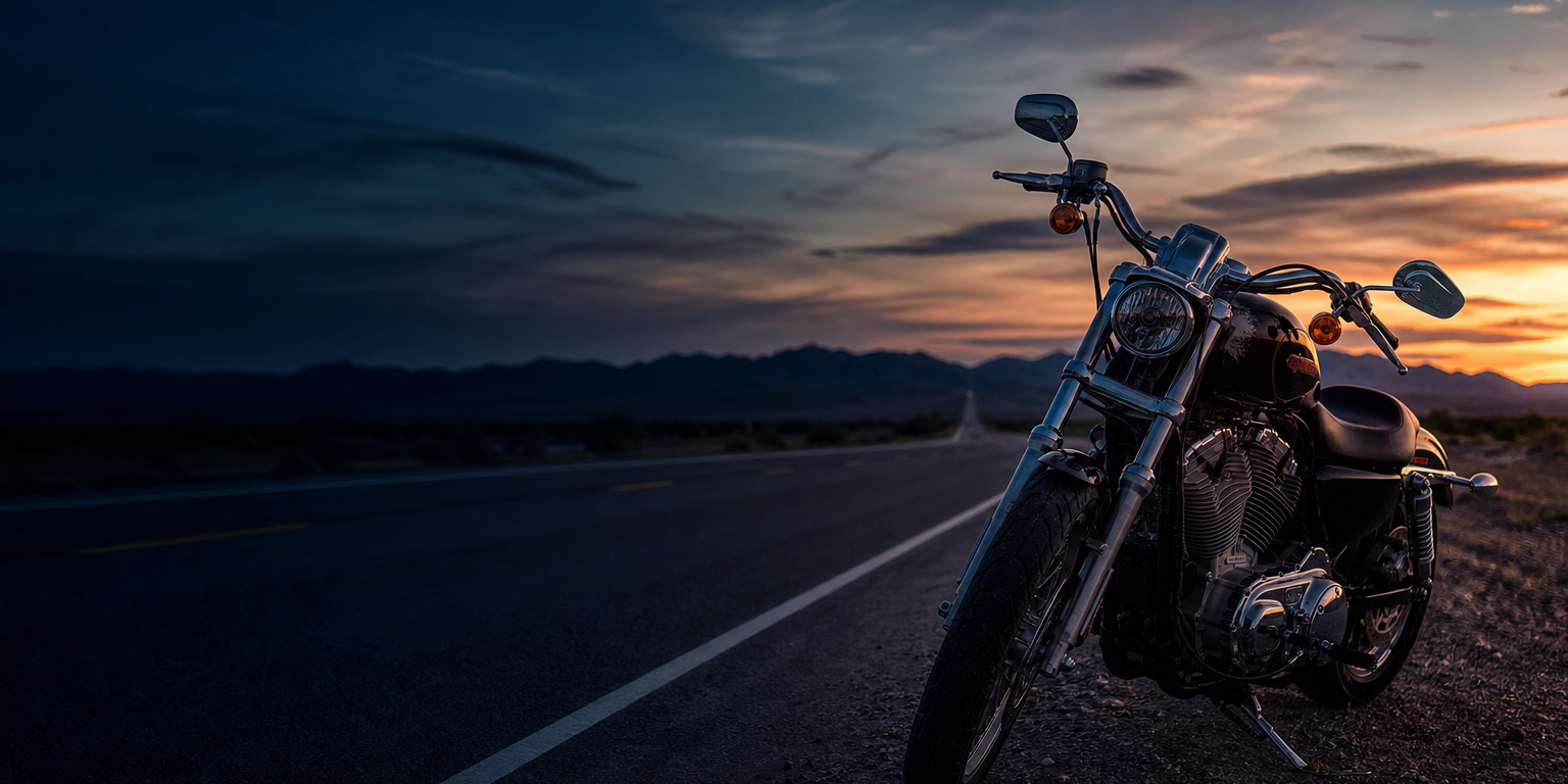 V-twin cruiser motorcycle parked on the shoulder of a desert highway at sunset, a common AMSOIL motorcycle oil application