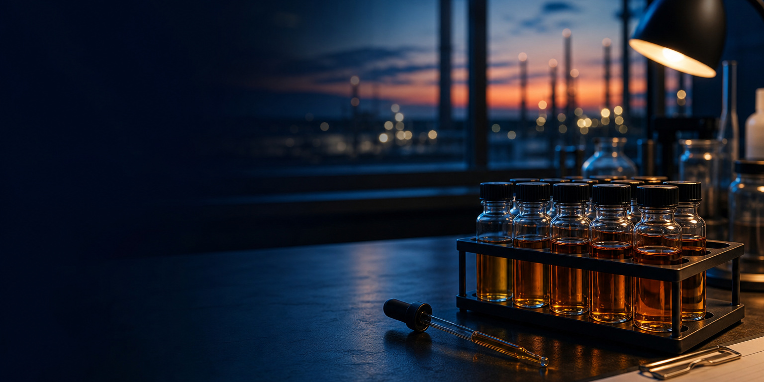 Rack of oil sample bottles with a dropper pipette and clipboard on a lab bench at dusk, the sample stage of AMSOIL oil analysis