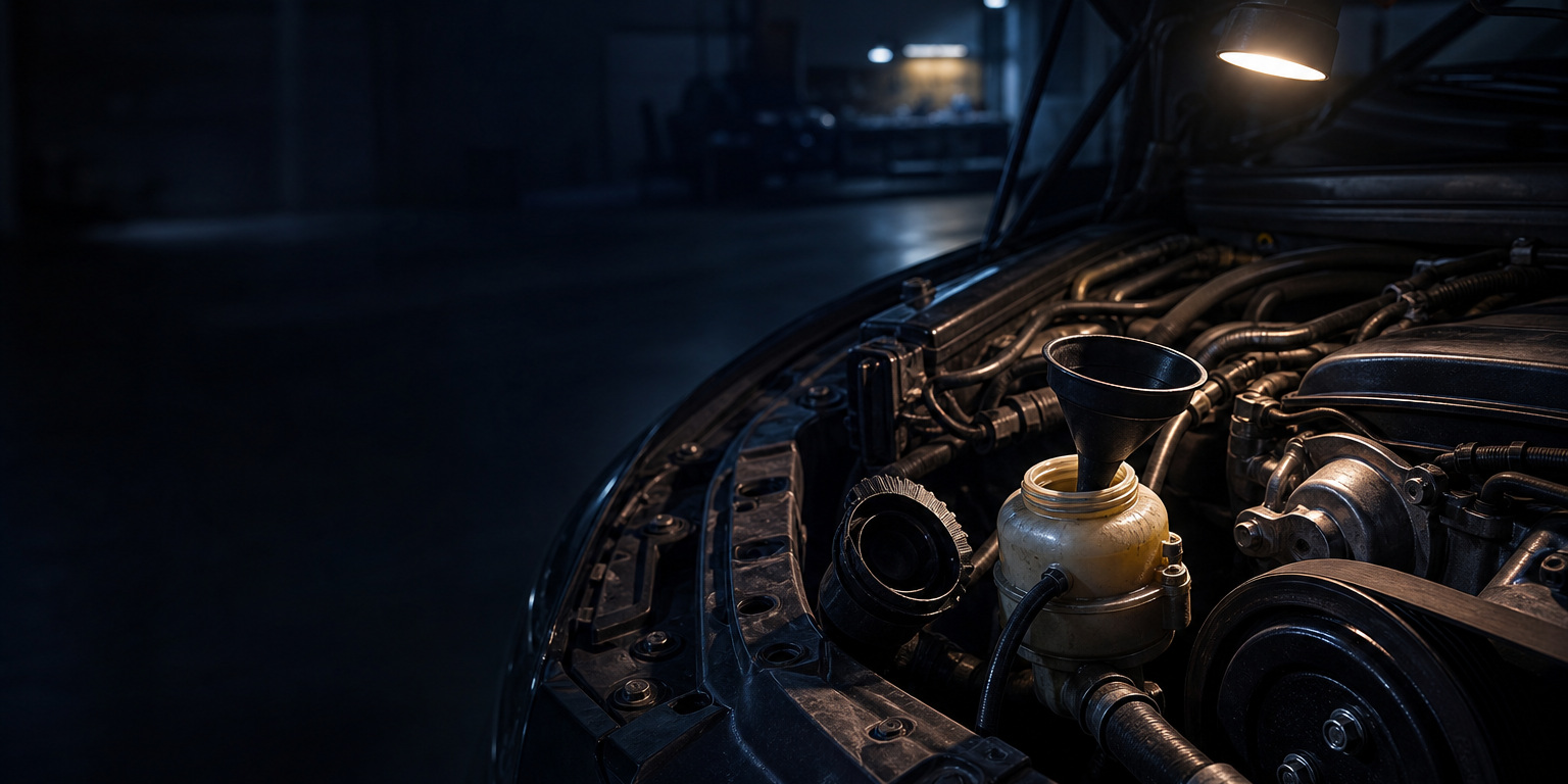 Funnel set in the power steering reservoir of an engine bay under a hood light, a typical AMSOIL power steering fluid top-off