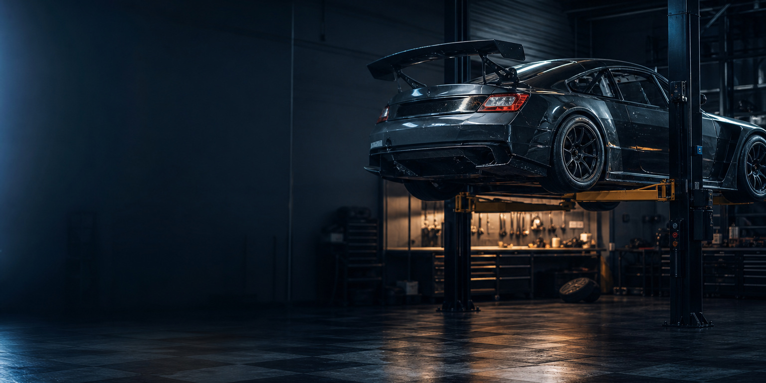 Race car with a large rear wing raised on a two-post lift in a race shop, a purpose-built AMSOIL racing oil application