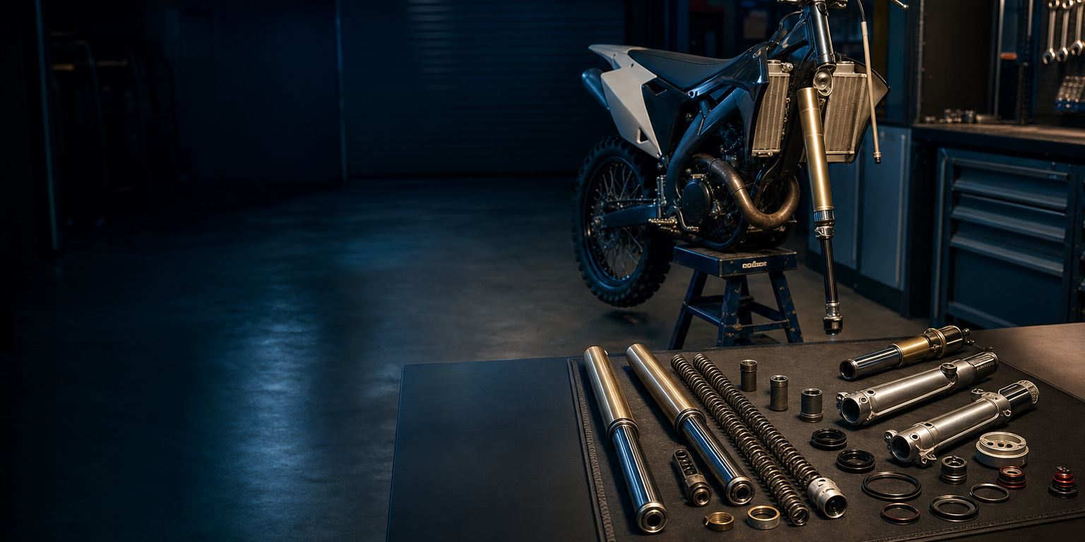 Dirt bike on a stand with its forks removed and suspension parts laid out on a bench mat, a typical AMSOIL suspension fluid rebuild
