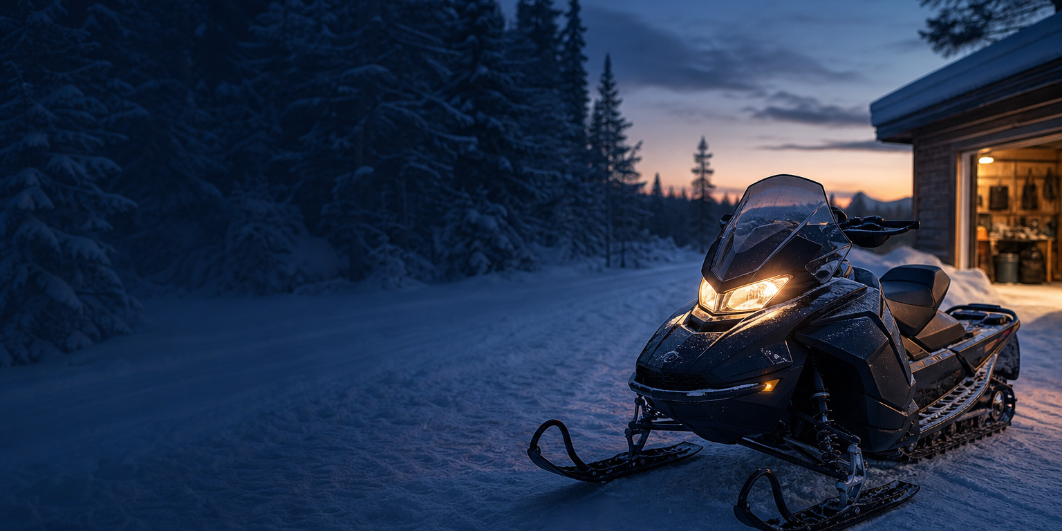 Snowmobile parked on a snowy trail at dusk outside a lit workshop, a common AMSOIL synthetic 2-stroke oil application