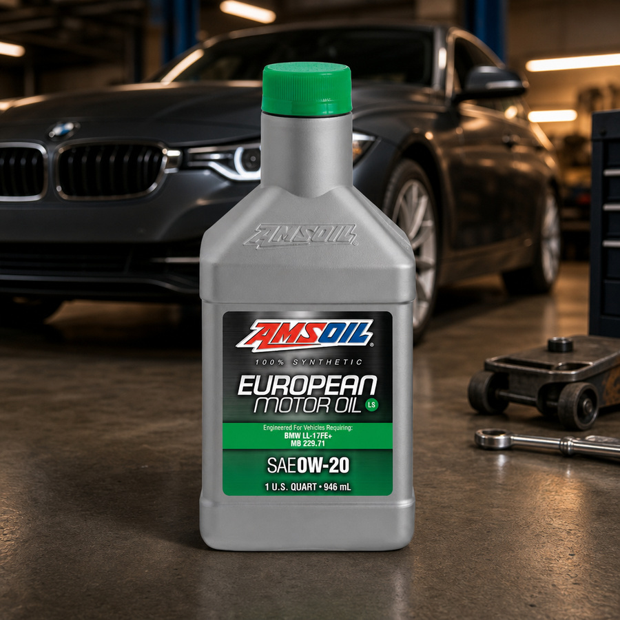AMSOIL 0W-20 LS 100% Synthetic European Motor Oil staged in a European car service bay