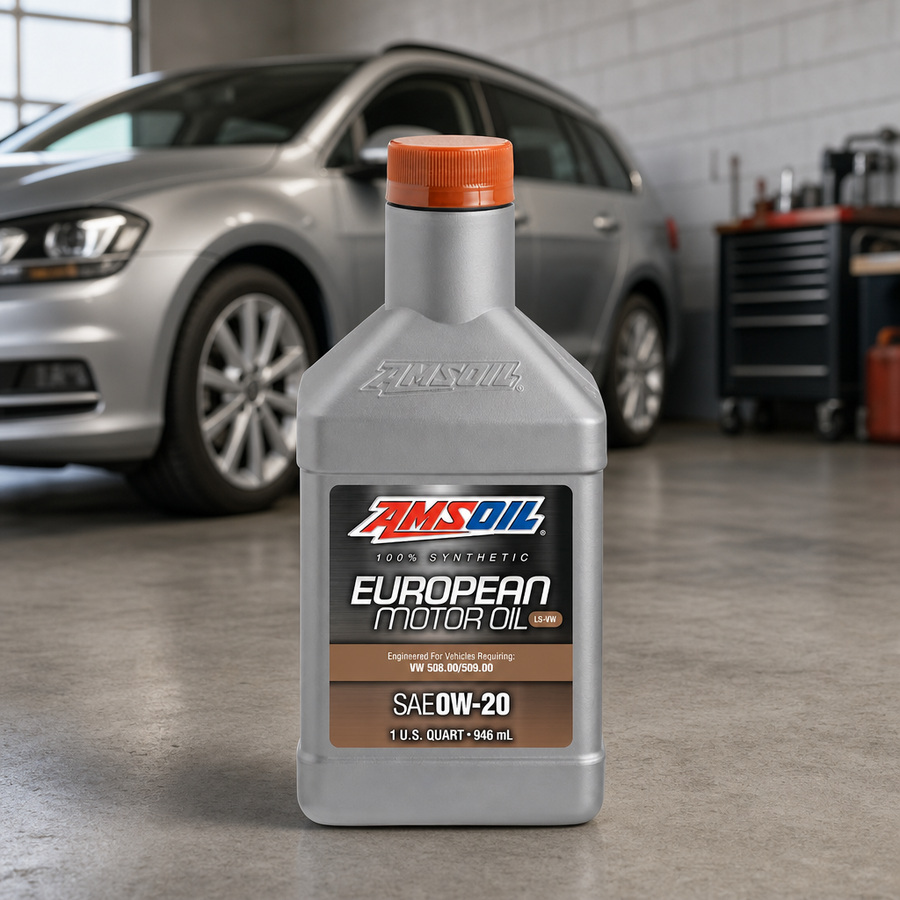 AMSOIL 0W-20 LS-VW 100% Synthetic European Motor Oil staged in a European car service bay
