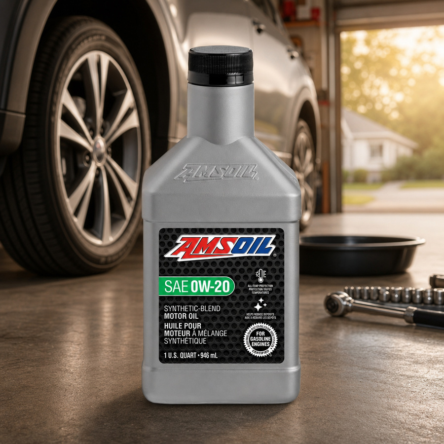AMSOIL 0W-20 Synthetic-Blend Motor Oil staged in an automotive service garage