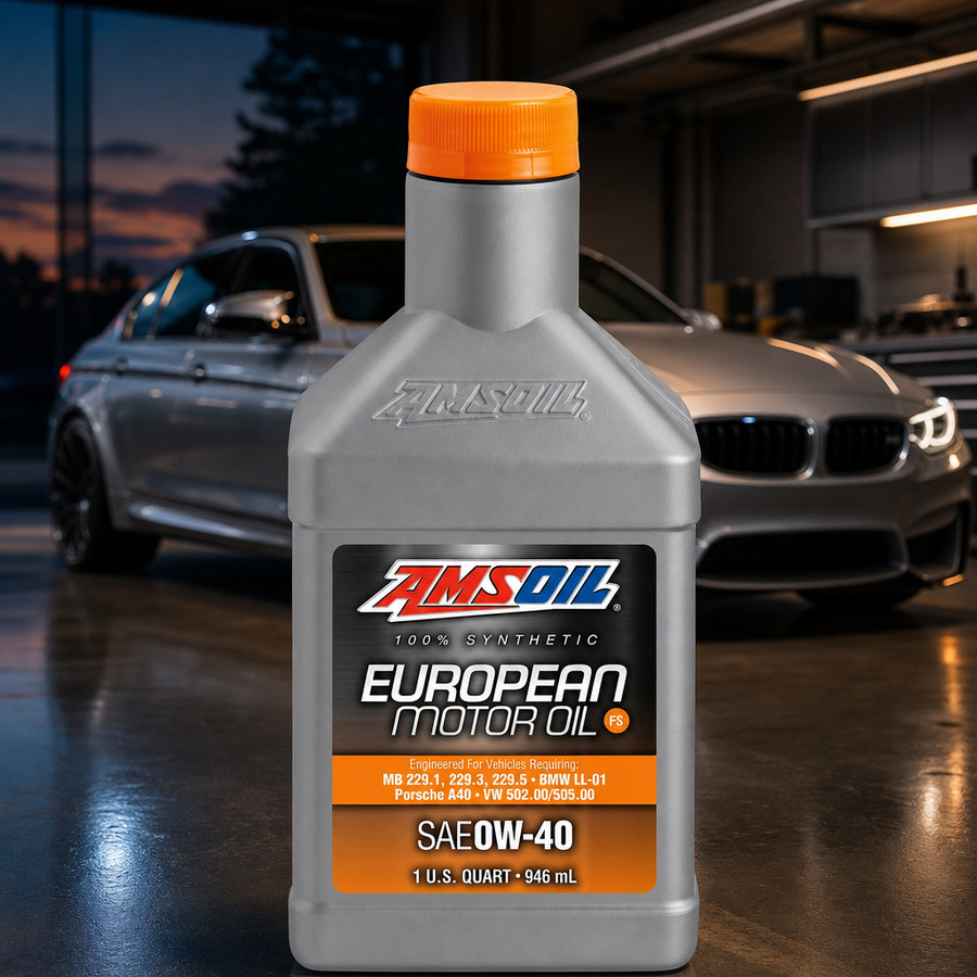AMSOIL 0W-40 FS 100% Synthetic European Motor Oil staged in a European car service bay
