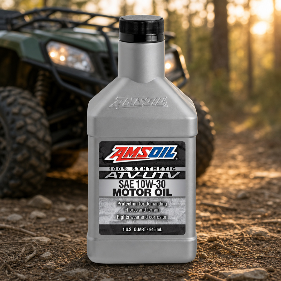 AMSOIL 10W-30 100% Synthetic ATV/UTV Motor Oil staged in a powersports service garage