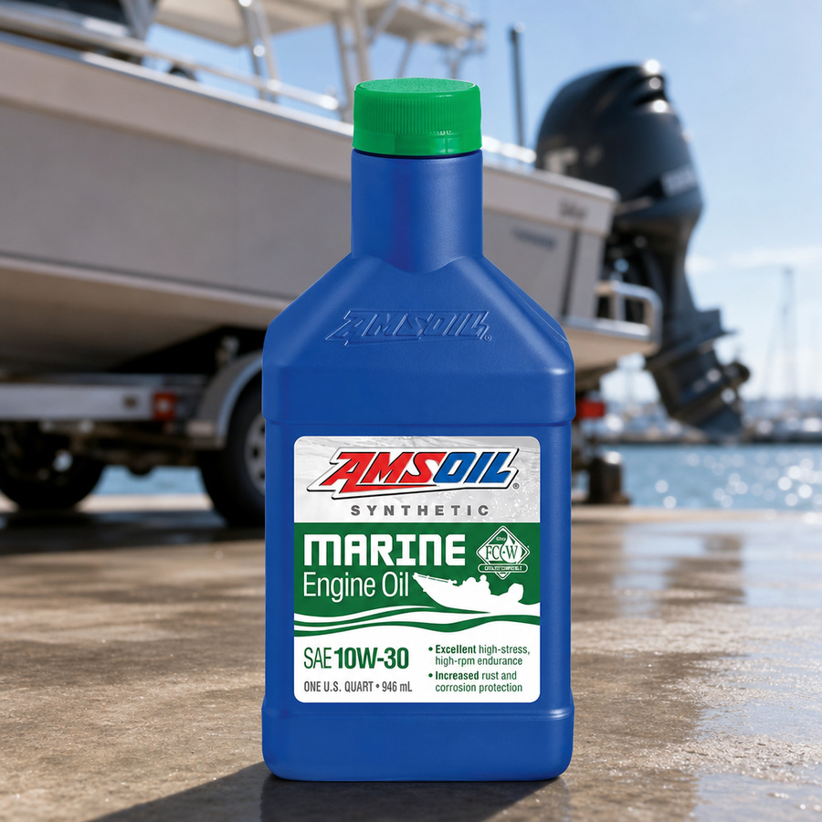 AMSOIL 10W-30 100% Synthetic Marine Engine Oil staged in a marine and boat service setting