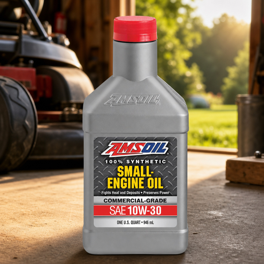 AMSOIL 10W-30 100% Synthetic Small-Engine Oil staged in an automotive workshop