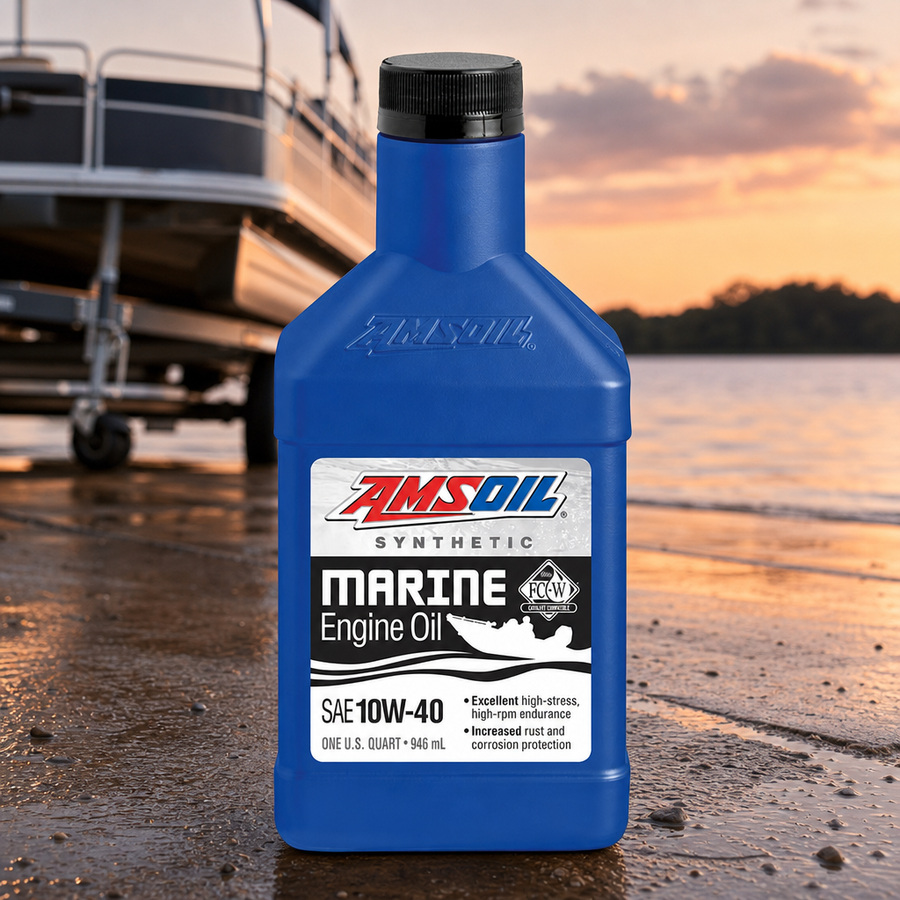 AMSOIL 10W-40 100% Synthetic Marine Engine Oil staged in a marine and boat service setting