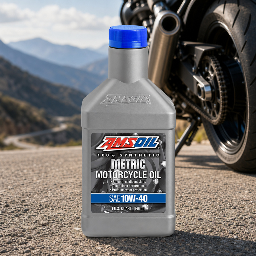 AMSOIL 10W-40 100% Synthetic Metric Motorcycle Oil staged in a sportbike service garage