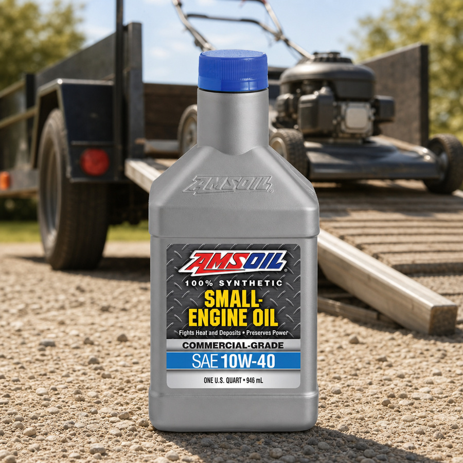 AMSOIL 10W-40 100% Synthetic Small-Engine Oil staged in an automotive workshop