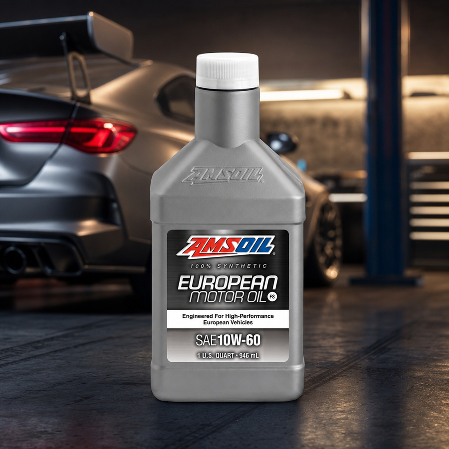 AMSOIL 10W-60 FS 100% Synthetic European Motor Oil staged in a European car service bay