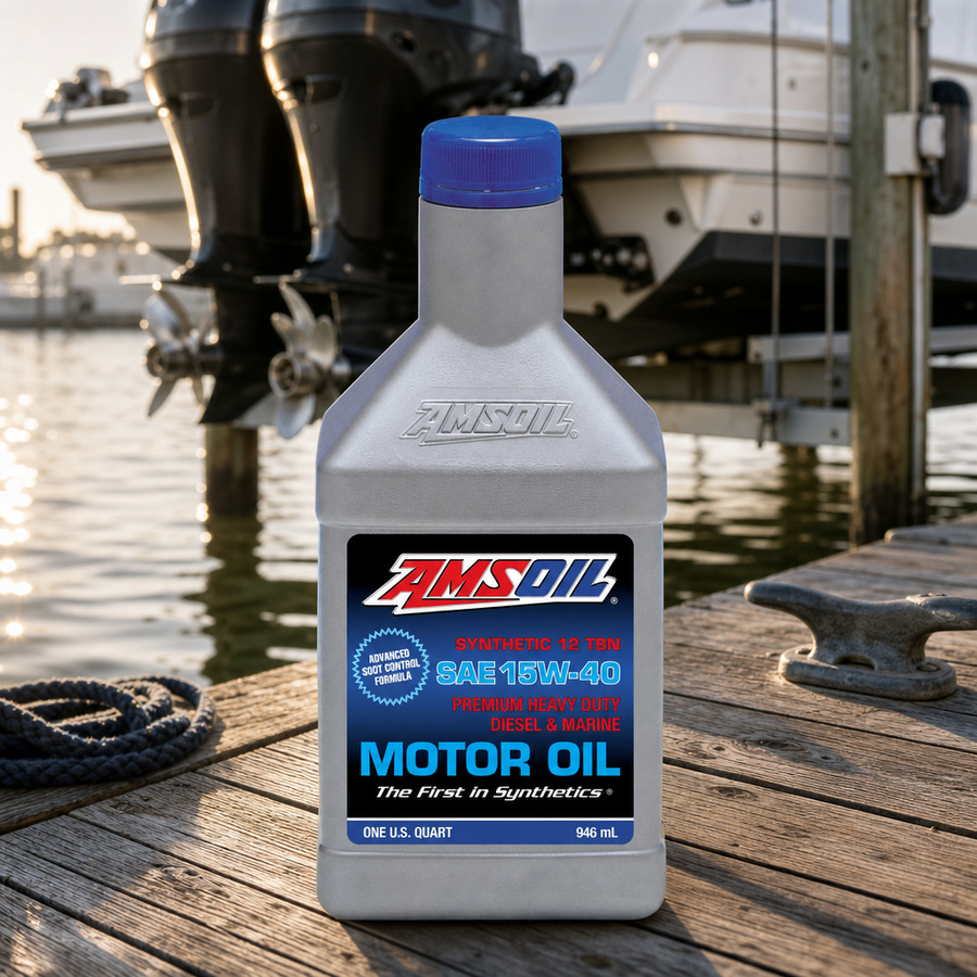 AMSOIL 15W-40 Heavy-Duty Diesel and Marine Oil staged in a marine and boat service setting