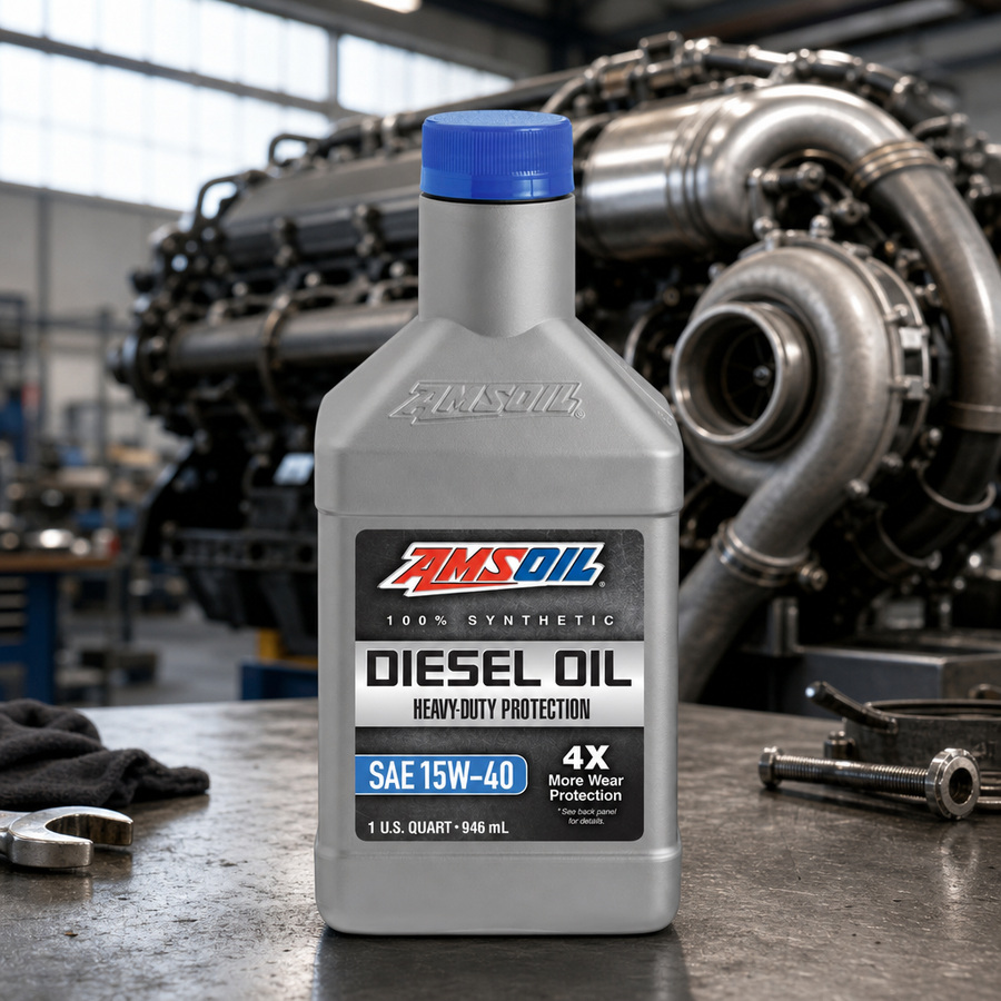 AMSOIL 15W-40 Heavy-Duty 100% Synthetic Diesel Oil staged in a diesel truck shop